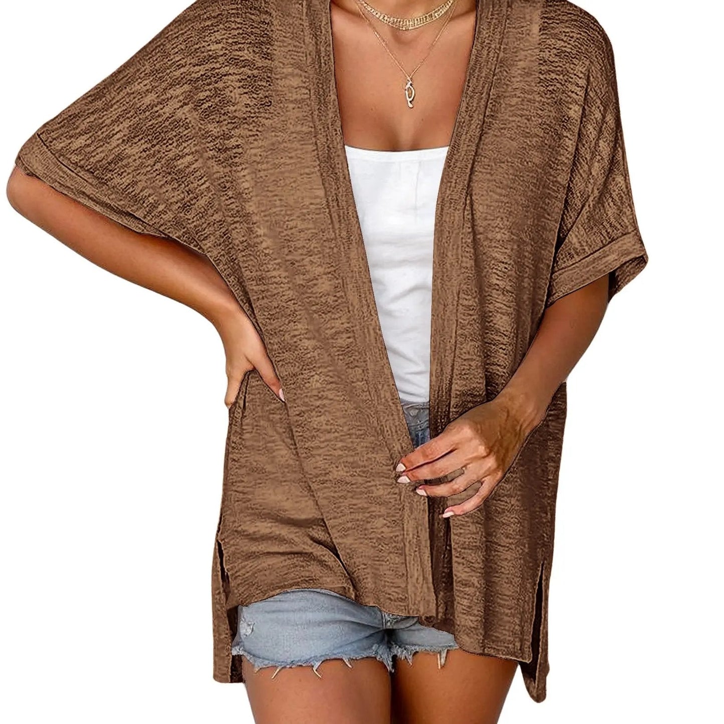 Womens Lightweight Cardigan 2026 Summer Short Sleeve Open Front Beach Coverup Vacation Outdoorfun Knitwear Comfort Casual Loose Minimalist Basic Knitting Batwing Shortsleeve Tops Womenswear