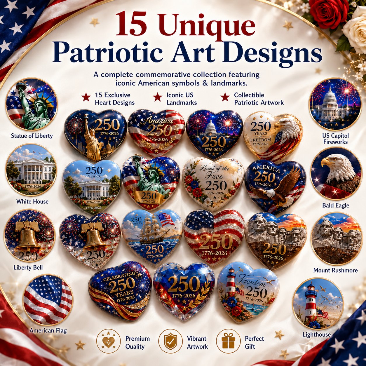 🇺🇸 America 250th Anniversary Commemorative Heart Ornament Collection | 15-Piece Patriotic Keepsake Set