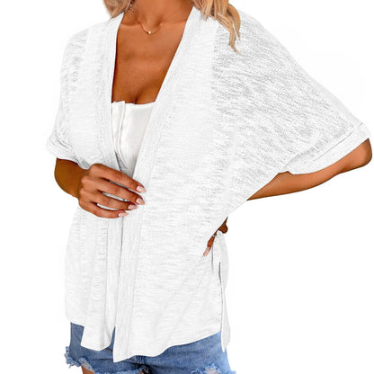 Womens Lightweight Cardigan 2026 Summer Short Sleeve Open Front Beach Coverup Vacation Outdoorfun Knitwear Comfort Casual Loose Minimalist Basic Knitting Batwing Shortsleeve Tops Womenswear