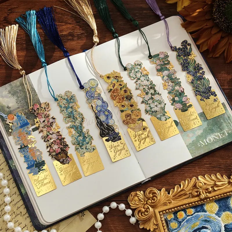 📚✨8-Piece Gold Metal Bookmark Set with Tassel – Van Gogh & Monet Inspired Gift for Book Lovers 🎨