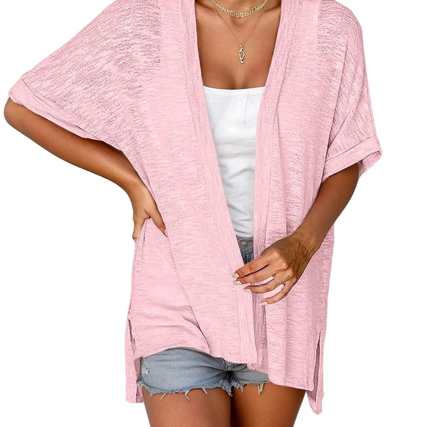 Womens Lightweight Cardigan 2026 Summer Short Sleeve Open Front Beach Coverup Vacation Outdoorfun Knitwear Comfort Casual Loose Minimalist Basic Knitting Batwing Shortsleeve Tops Womenswear
